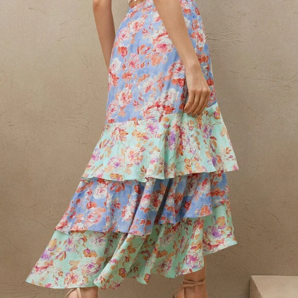 Blue Boho Women's Elegant High-Waist Dual-Tone Ruffled Asymmetric Hem Skirt - Picture 2 of 6